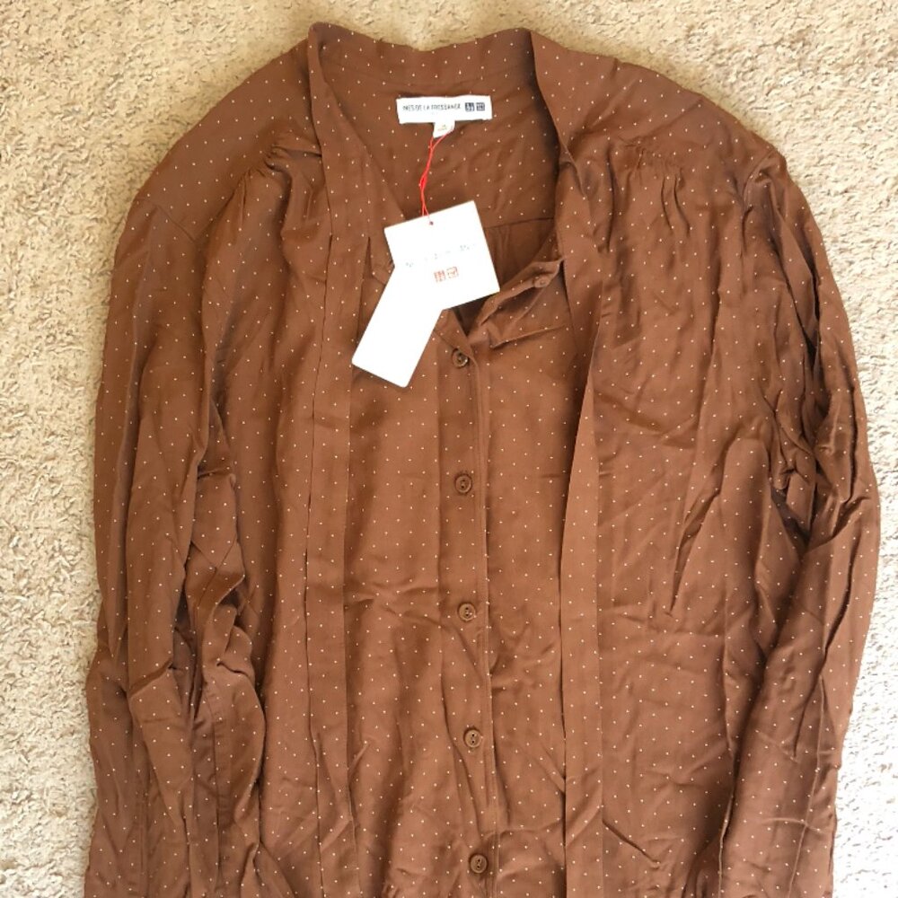 Polka Dot Blouse with Tie M Brown